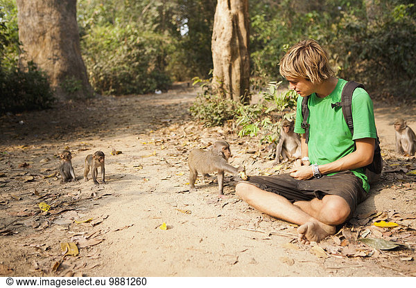 'A tourist plays with the wild monkeys that live in the Monkey Forest located in the Xe Champhone region; Laos'