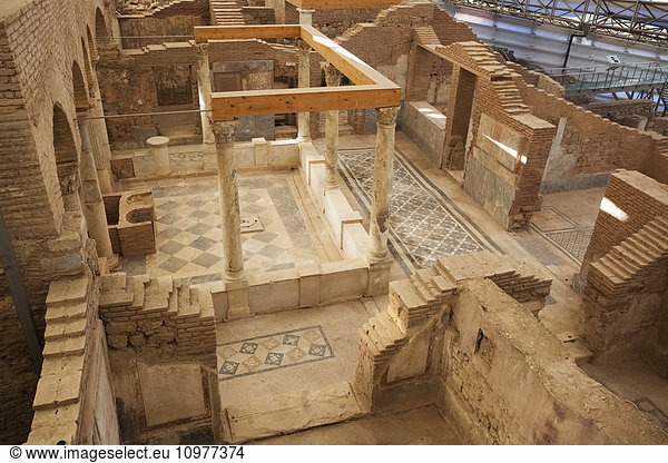 'Ancient stone walls  artwork and pillars in a museum; Ephesus  Izmir  Turkey'