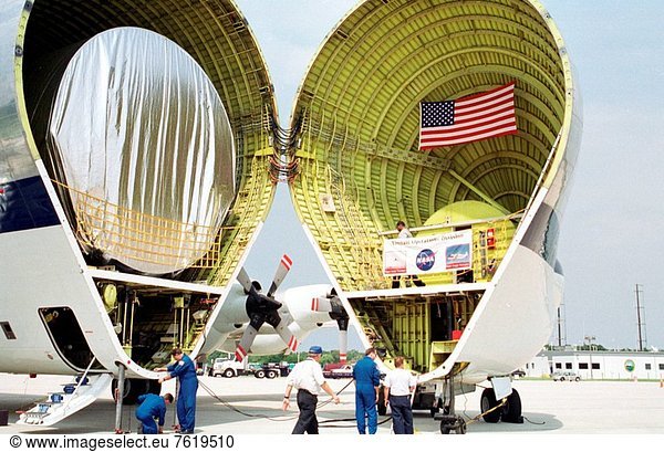 07/19/2001 __ At the KSC Shuttle Landing Facility  the nose of a Super Guppy aircraft opens to reveal its cargo  the P5 truss  inside. The truss will be transported to the Space Station Processing Facility. The P5 is scheduled for delivery to the International Space Station on mission 12A.1 in April 2003