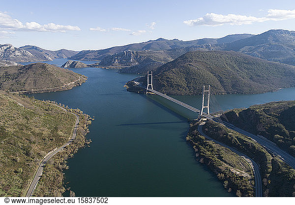 'Barrios De Luna' reservoir from Aerial Drone View.