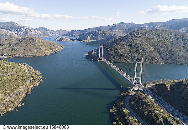 'Barrios De Luna' reservoir from Aerial Drone View.