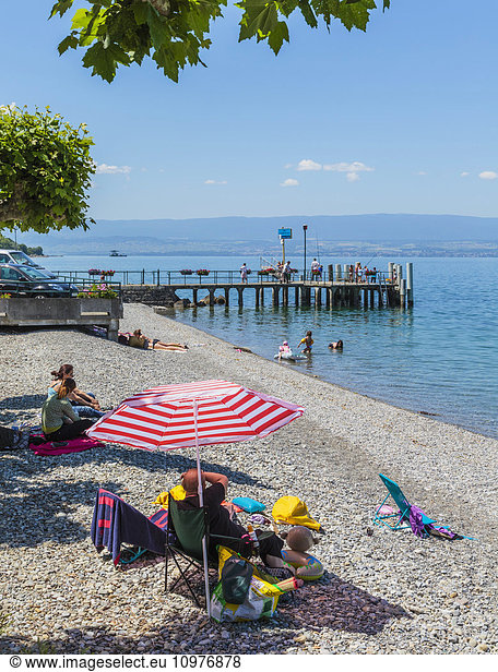 'Beach on shores of Lake Geneva (Lac Leman); Amphion les Bains  Haute-Savoie department  Rhone-Alpes  France'