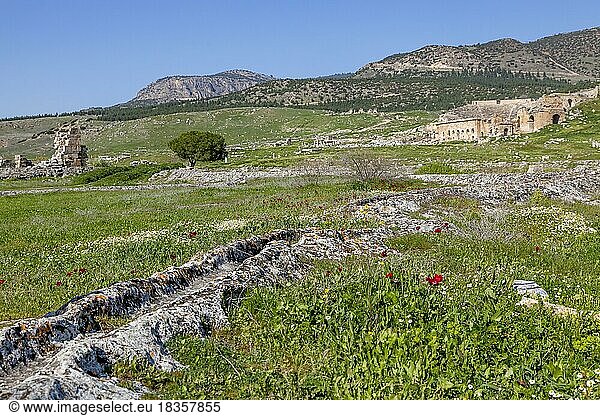 Überreste  Ruinen in Hierapolis  im Hintergrund Ruinen des antiken Theaters Hieropolis  bei Pamukkale  Denizli  Westtürkei  Türkei  Asien