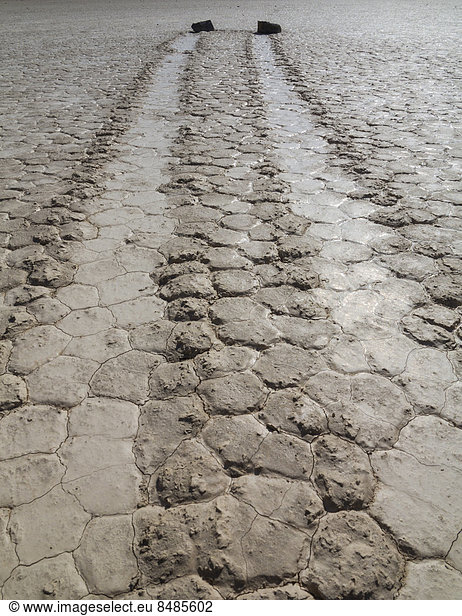 'Bewegungsspuren von wandernden Felsen auf dem ''Racetrack''  ausgetrockneter See oder Playa  Death Valley  Death-Valley-Nationalpark  Kalifornien  USA'