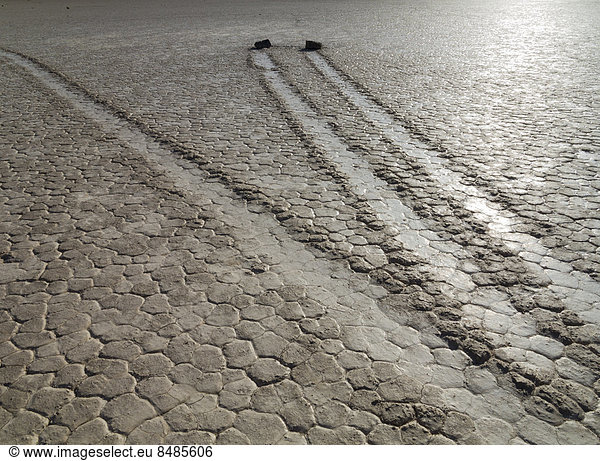 'Bewegungsspuren von wandernden Felsen auf dem ''Racetrack''  ausgetrockneter See oder Playa  Death Valley  Death-Valley-Nationalpark  Kalifornien  USA'