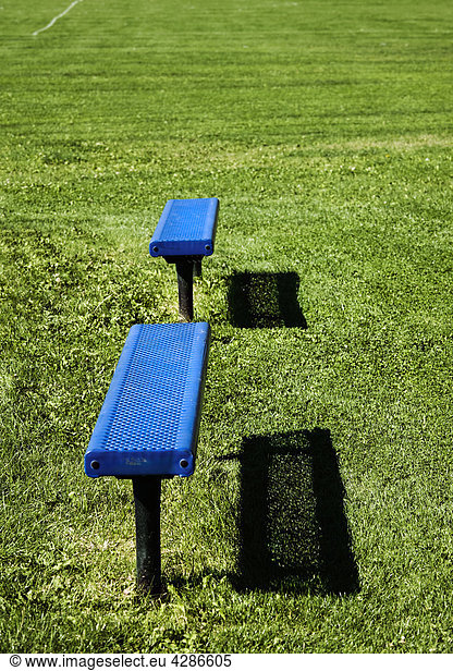 2 Blaue Bänke in Soccer Field  British Columbia