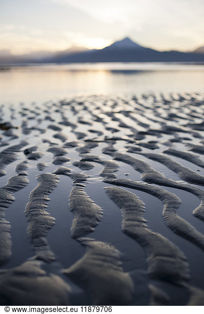 'Close-up of the ripples and tide pools on the shores of the tidal flats at sunset; Homer  Alaska  United States of America'
