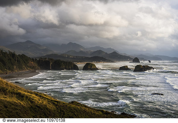 'Clouds hang low over the Oregon Coast; Cannon Beach  Oregon  United States of America'