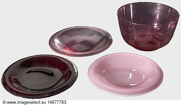 25 crystal glass compote bowls and eight saucers from the 'Golden Ruby' dessert service  Imperial Russian Glass Manufactory St. Petersburg  1840. Rose-coloured crystal glass. Three different bowl shapes  height 7.9 cm  diameter 12.8 cm  height 5.9 cm  diameter 12.5 cm  and height 7.7 cm  diameter 13 cm. The saucers have a diameter of 13.8 cm. An additional 15 identically shaped saucers  six in a light rose-colour and nine in a dark red version. A few of the glasses are chipped. Provenance: Grand Duchess Olga Nikolaevna Romanova (1822 - 1892). historic  historical  19th century  vessel  vessels  object  objects  stills  clipping  clippings  cut out  cut-out  cut-outs