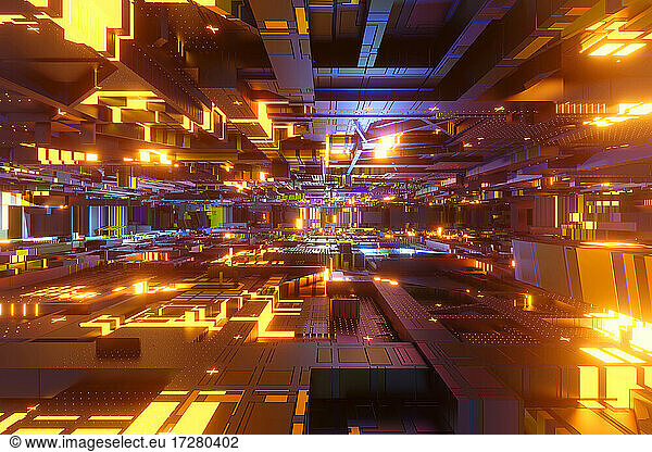 3D gerenderte Illustration im Inneren der CPU beleuchtete digitale Hardware