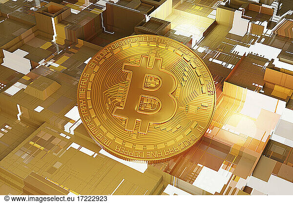 3D-Illustration einer goldenen Bitcoin