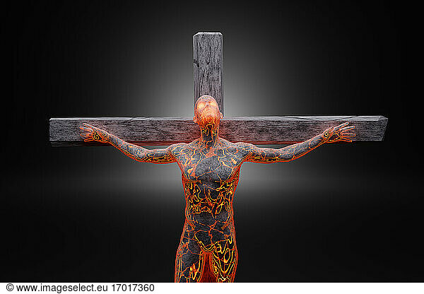 3D-Illustration eines männlichen Charakters  der den gekreuzigten Jesus symbolisiert  hergestellt aus Energie und Beton