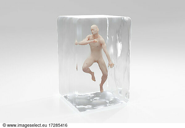 3D-Illustration eines Mannes in einem Eiswürfel auf weißem Hintergrund