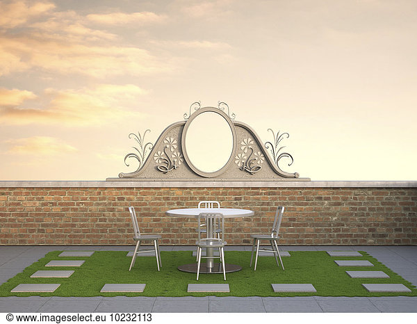 3D-Illustration  empty roof terrace with chairs and table in the evening  revegetated