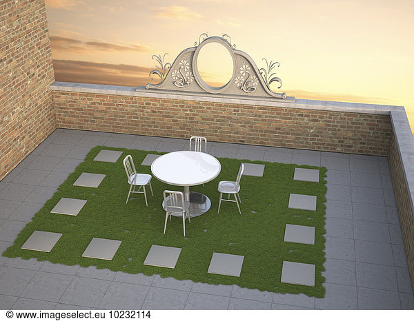 3D-Illustration  empty roof terrace with chairs and table in the evening  revegetated