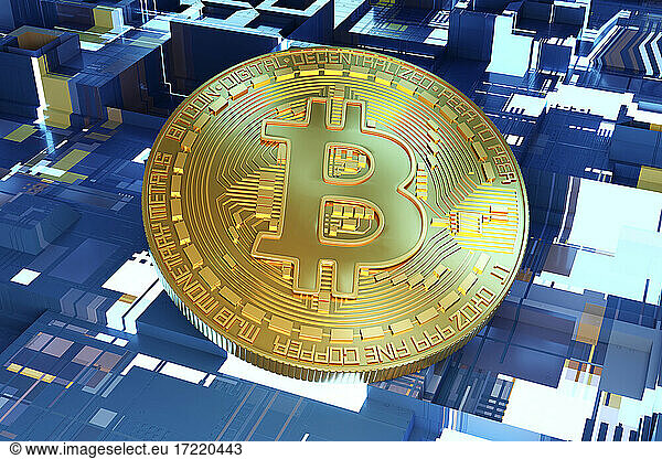 3D illustration of a golden Bitcoin