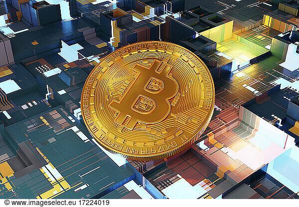 3D illustration of a golden Bitcoin
