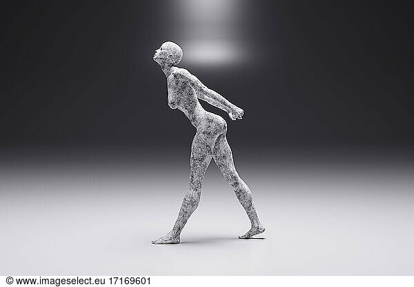 3D illustration of concrete female character bending forward