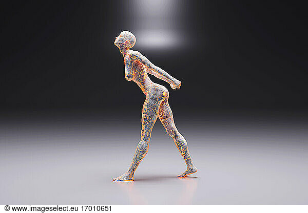 3D illustration of female character made out of concrete and burning energy against black background