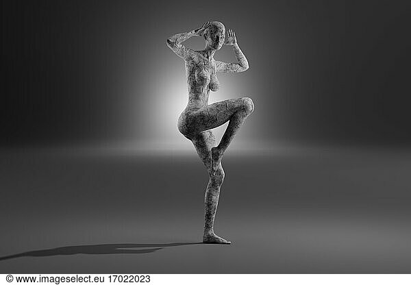 3D illustration of female character made out of concrete dancing against gray background