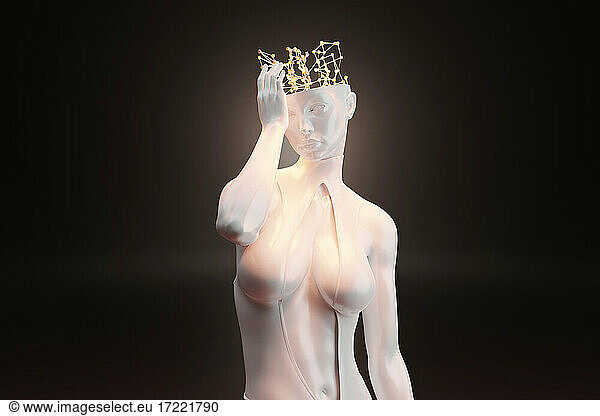 3D illustration of female character with digital brain and thought process
