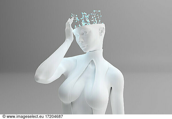 3D illustration of female character with digital brain and thought process symbolizing machine learning and artificial intelligence