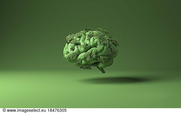 3D illustration of human brain covered with plants over green background