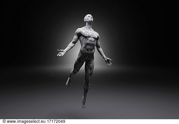 3D illustration of levitating male character made out of concrete