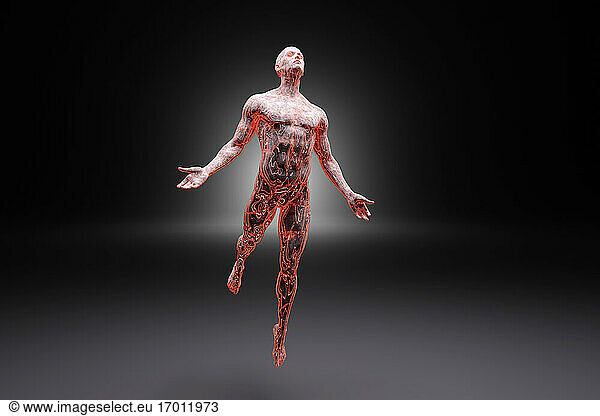 3D illustration of male character made out of concrete and burning energy levitating against black background
