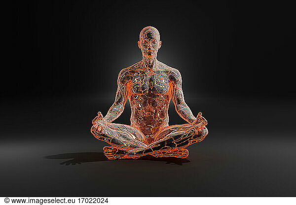 3D illustration of male character meditating in lotus position against black background
