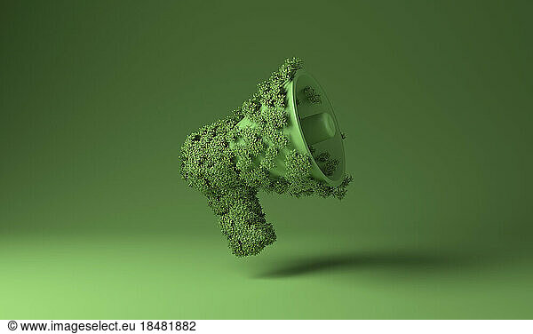 3D illustration of megaphone covered with plants against green background