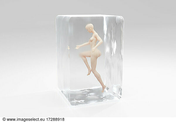 3D illustration of naked woman in ice cube