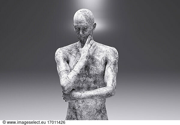 3D illustration of pensive male character made out of concrete against gray background