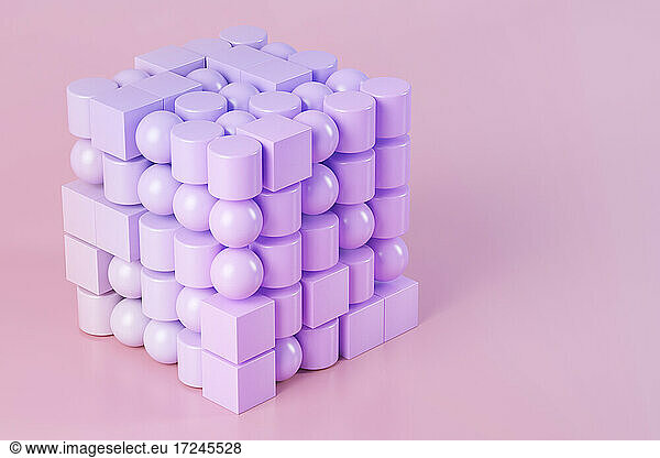 3D illustration of pink and purple cube arrangement out of different geometric shapes
