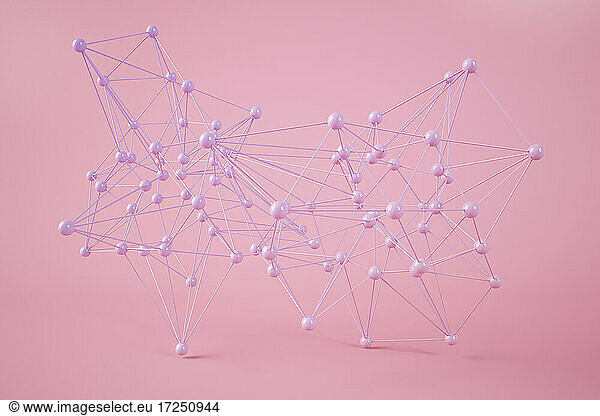3D illustration of purple spheres network against pink background