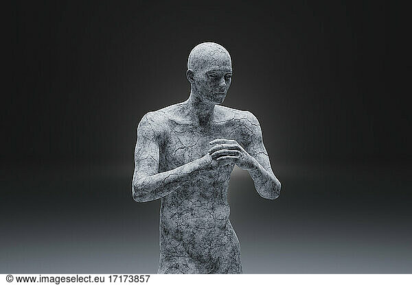 3D illustration of tense character made out of concrete