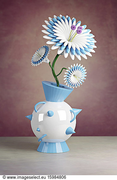 3D illustration Plastic flower in a futuristic vase