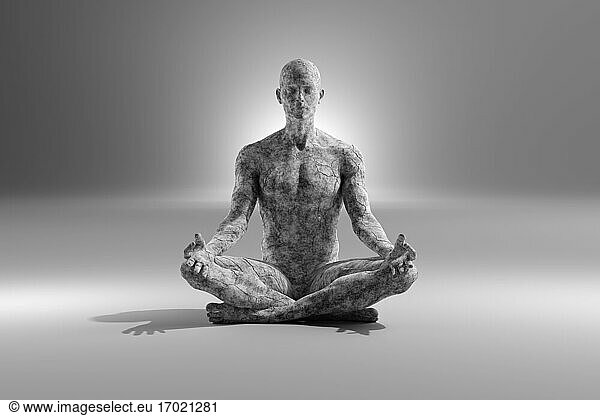 3D male character made out of concrete with legs crossed meditating against gray background