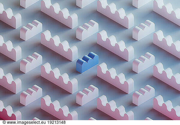 3D pattern of pink wavy toy blocks with single blue one in center