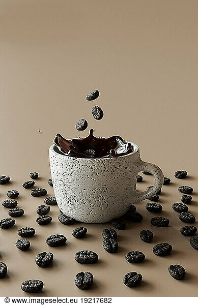3D render of coffee beans falling into mug of coffee