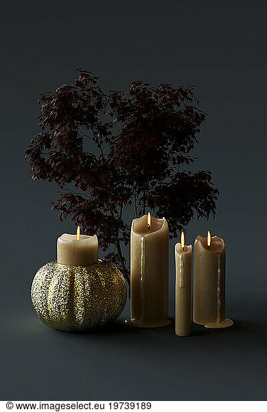 3D render of festive candles and leafy branch standing against gray background
