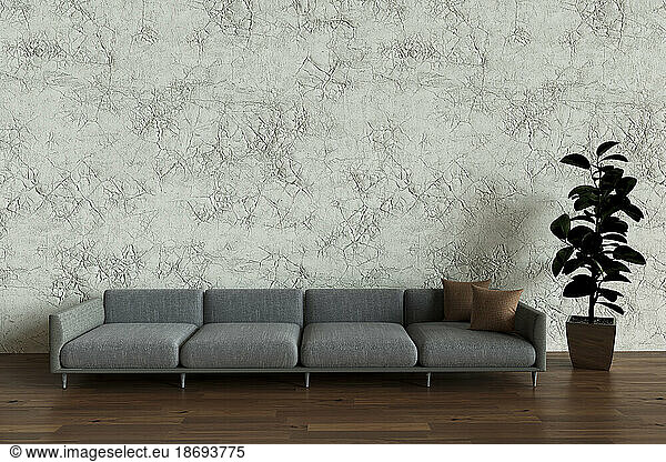 3D render of gray sofa standing on wooden floor 