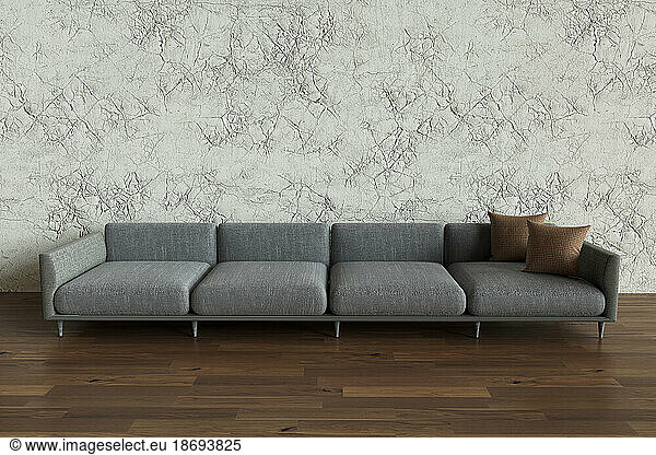 3D render of gray sofa standing on wooden floor 