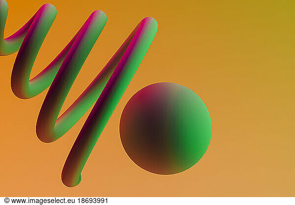 3D render of green sphere and spiral floating against orange background