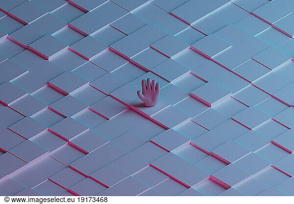 3D render of hand surrounded by gray squares