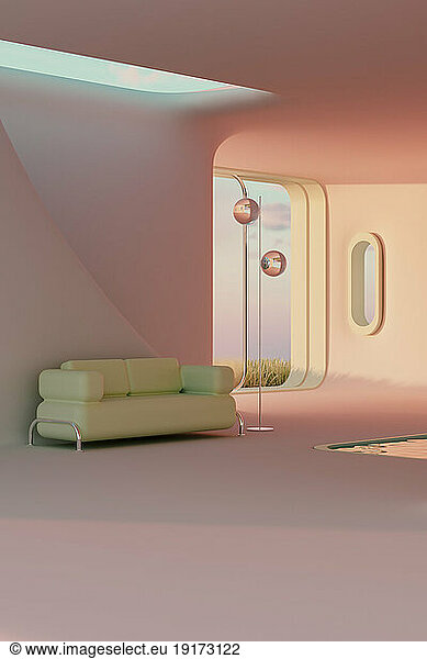 3D render of minimalistic interior with sofa and floor lamp