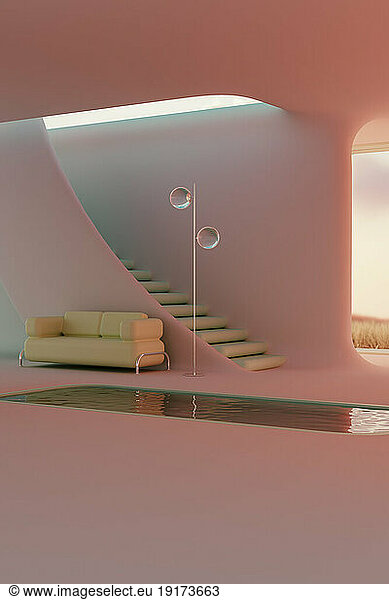 3D render of minimalistic interior with sofa  floor lamp and swimming pool