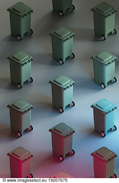 3D render of rows of wheeled garbage cans