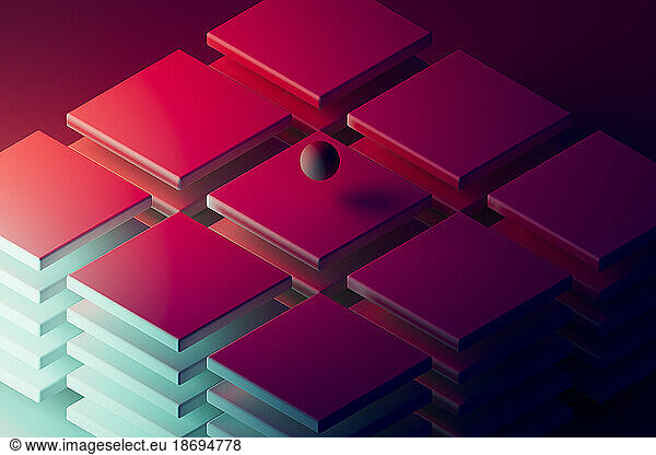 3D render of single sphere and large number of tiles floating against red background