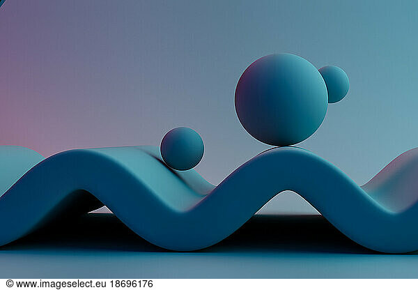 3D render of spheres rolling on undulating surface